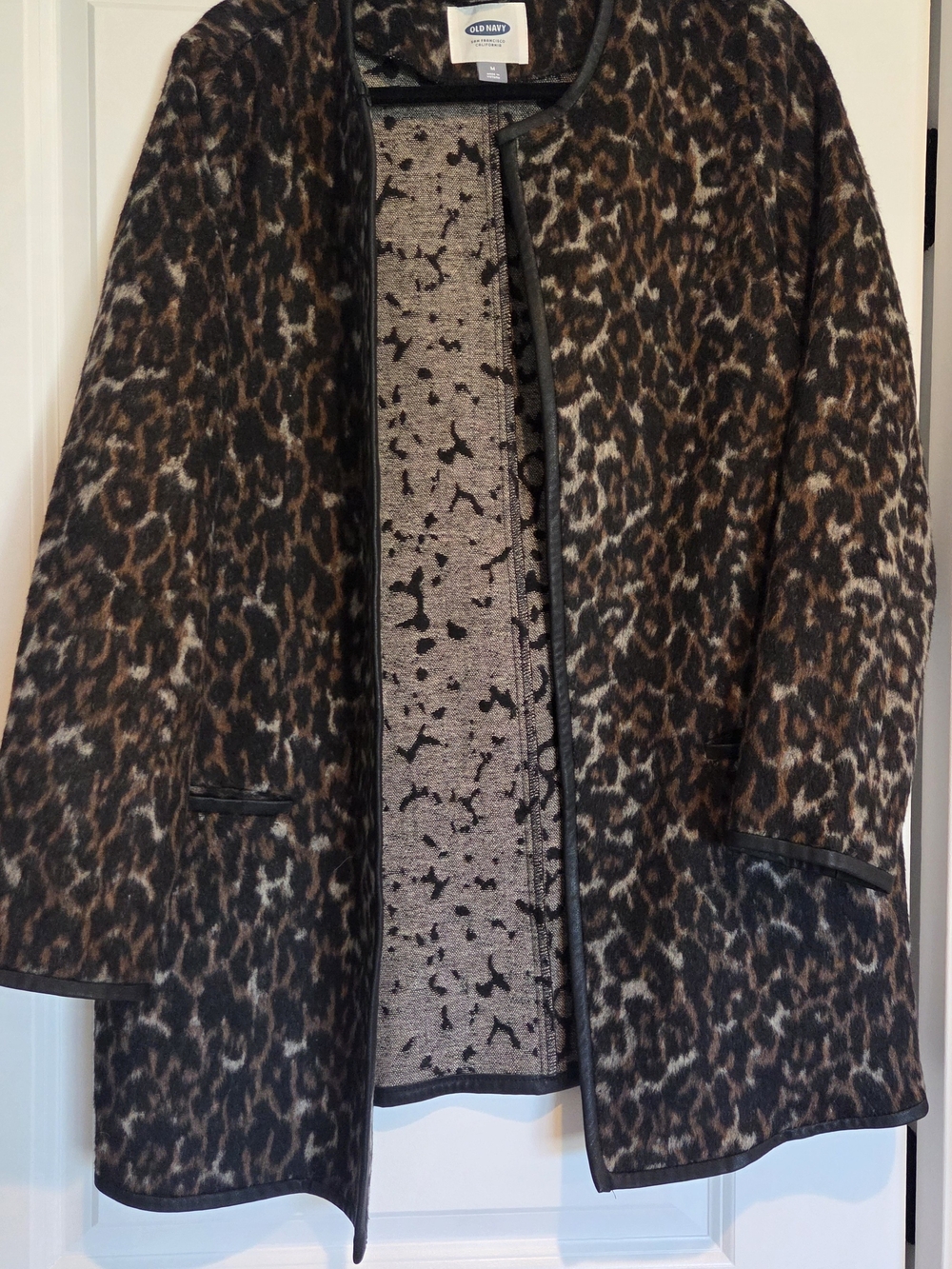 Old Navy Women's Leopard-Print Open Pea Coat in Brown and Black